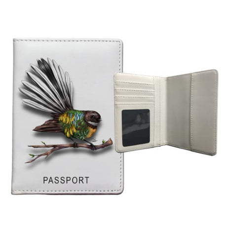 Sophie Blokker Kiwiana passport holder featuring a vibrant fantail design, ensuring style and protection for your travel documents.