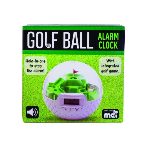 Sports Alarm Clock shaped like a golf ball (10cm) featuring a fun putting game to turn off the alarm.