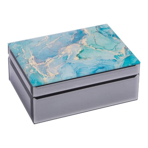 Elegant Aquatic Radiance Jewellery Box with glass mirror design and felt-lined compartments for organized jewellery storage.