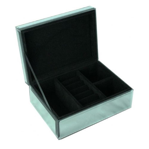 Elegant glass mirror jewellery box with beveled edges, felt-lined compartments, and secure ring storage, ideal for organizing treasures.