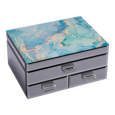 Elegant Aquatic Radiance jewellery box features a glass mirror exterior, top compartments, ring storage, and spacious drawers.