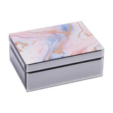 Elegant pastel jewellery box with glass mirror pattern, felt-lined compartments for organized storage of rings, necklaces, and earrings.