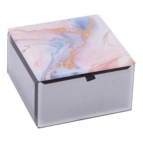 Pastel Dreams Trinket Box featuring a glass mirror exterior and spacious felt-lined interior for elegant jewelry storage.