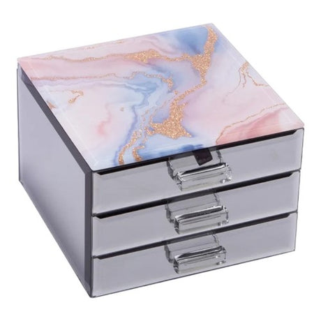 Pastel Dreams Jewellery Box with 2 drawers, featuring a glass mirror exterior and felt-lined compartments for organized storage.