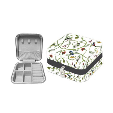 Sophie Blokker Kiwiana Jewellery Box featuring Birds & Flora pattern with luxe black lining, ideal for stylish jewelry storage.