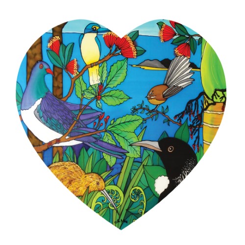 3D textured ceramic heart wall hanging featuring vibrant NZ birds, perfect for adding Kiwiana charm to your home decor.