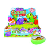 Assorted Dino Slime set of 12 in vibrant colors with dino toys, packaged in egg containers for clean, squishy fun.