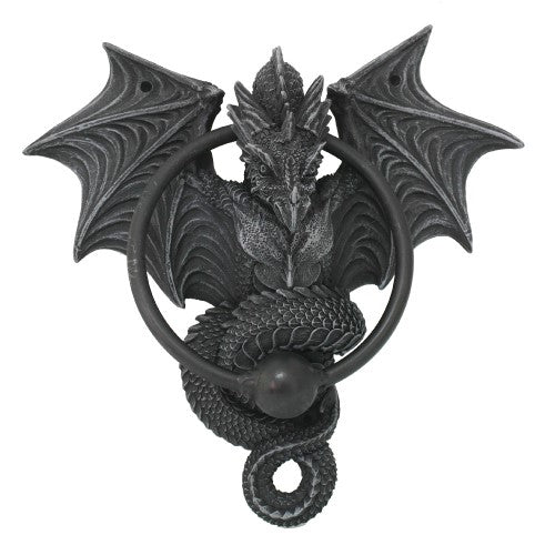 A majestic dragon coiled door knocker in premium resin, perfect for enhancing fantasy-themed home decor.
