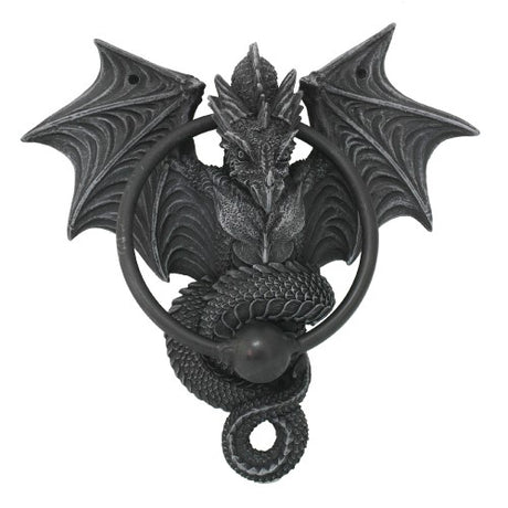 A majestic dragon coiled door knocker in premium resin, perfect for enhancing fantasy-themed home decor.
