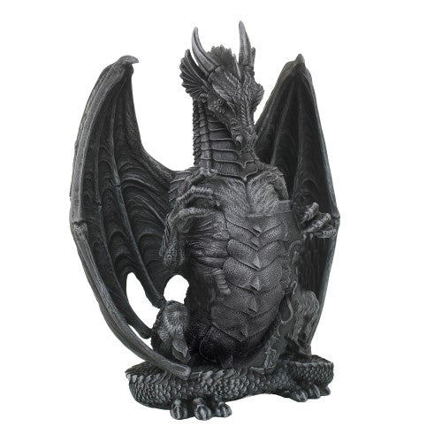 Black Dragon Guarding ornament in resin, detailed and mystical, ideal for fantasy decor and collectors, H:21.5 cm.