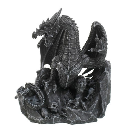 Black Dragon ornament holding treasure, crafted from resin, perfect for fantasy decor enthusiasts and collectors.