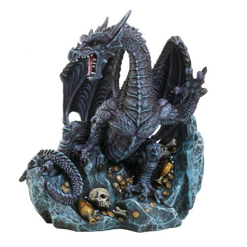 Purple dragon ornament perched on treasure, intricately crafted in resin, perfect for fantasy lovers and collectors.