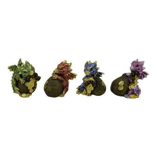 Colorful set of 4 hand-painted dragon ornaments in green, red, blue, and purple, each with treasure, perfect for collectors.