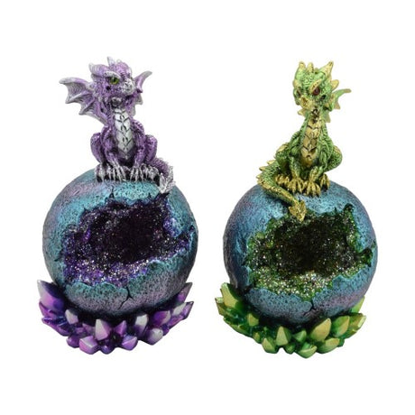 Set of 2 hand-painted dragon figurines in green and purple atop a glowing geode base, perfect for home decor or gifting.