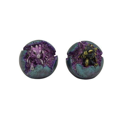 Set of 2 hand-painted dragon geode ornaments in purple and black, intricately designed to illuminate any space.