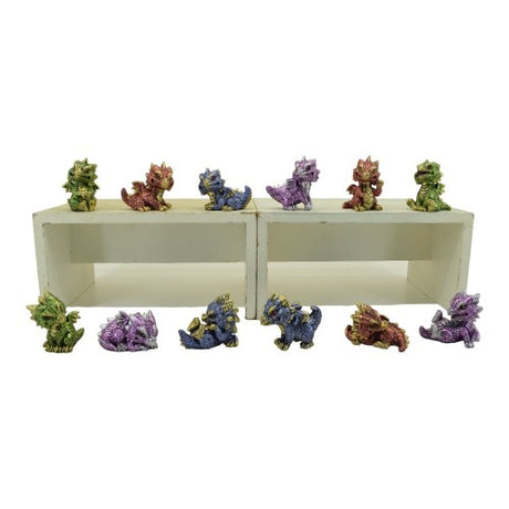 Set of 12 colorful cute dragons, hand-painted in vibrant colors, perfect for home decor and fantasy-themed collections.