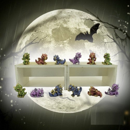 Set of 12 hand-painted cute dragons in vibrant colors, perfect for home decor and fantasy enthusiasts.