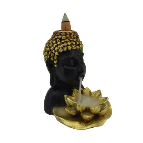 Elegant Buddha backflow burner with lotus flower design, crafted from resin, perfect for meditation and creating a calming atmosphere.