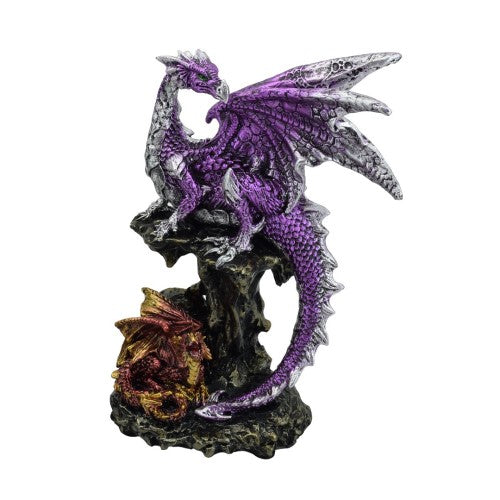 Intricate purple dragon ornament fiercely guarding its hatchling on a rock, perfect for fantasy decor enthusiasts.