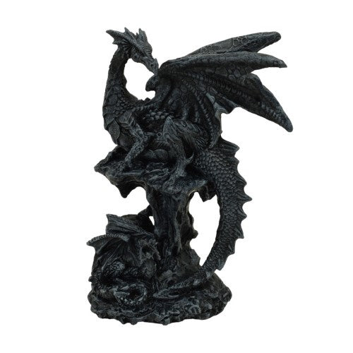 Black Dragon Protecting Hatchling ornament, intricately hand-painted, showcases a fierce dragon guarding its cute hatchling on a rocky base.