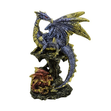 Intricately designed blue dragon ornament guarding its hatchling on a rock, crafted from quality resin and hand-painted.