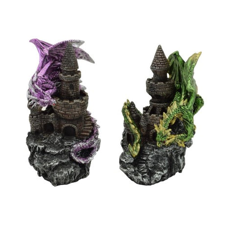 Set of 2 vibrant purple and green dragon ornaments atop a castle, perfect for fantasy-themed decor and gifting.