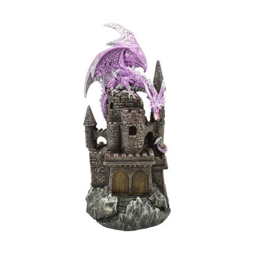 Purple dragon atop a detailed castle, featuring magical lights, perfect for fantasy decor enthusiasts.