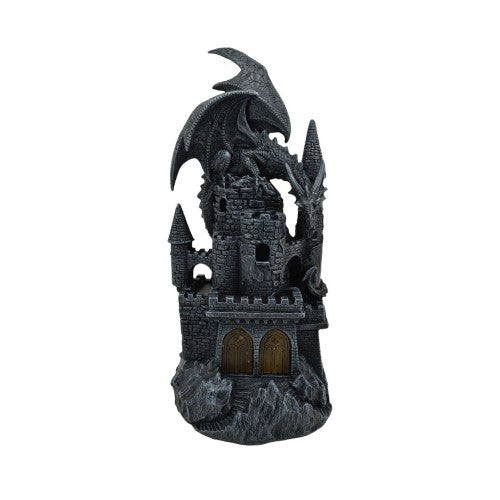 Black Majestic Dragon ornament atop a detailed castle, featuring enchanting lights and intricate hand-painted design.