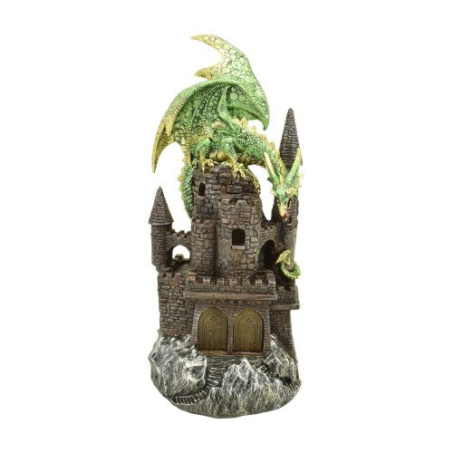 Vibrant green dragon perched on intricately designed castle, illuminated for a magical fantasy decor touch.