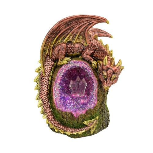 Purple dragon incense burner on geode base, showcasing shimmering crystals, perfect for relaxation and home decor.