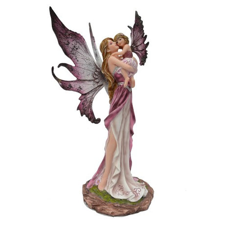 Heartwarming mother and daughter fairy ornament in fuchsia dresses, lovingly cradling each other, made from hand-painted resin.