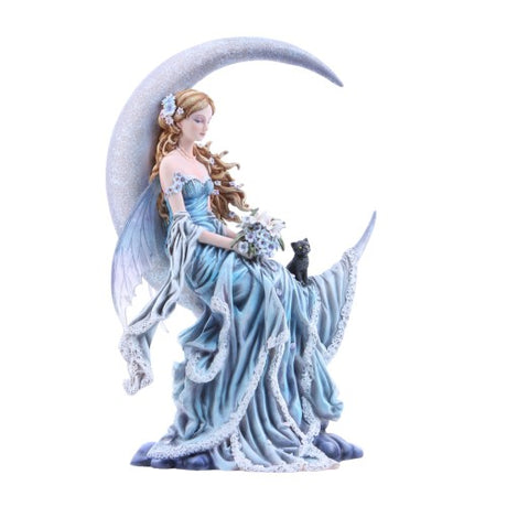 Whimsical 'Wind Moon' ornament featuring a Moon Fairy and her black cat on a blue crescent moon, handcrafted by Nene Thomas.