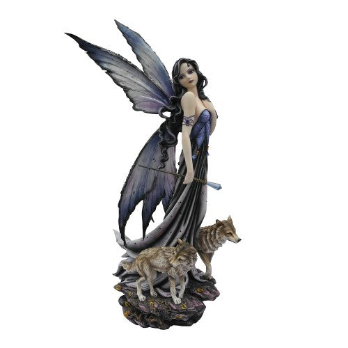 Enchanting fairy princess with two wolves, intricately detailed, captivating decor for home or garden.