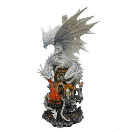 White Fire Dragon ornament with a fierce dragon atop a detailed castle, showcasing intricate hand-painted resin design.