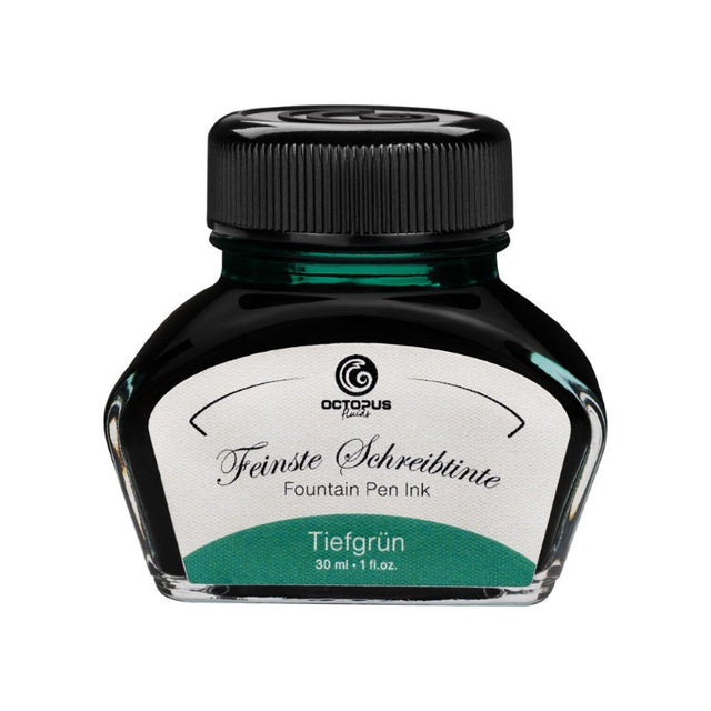 Deep Green fountain pen ink in 30ml bottle, perfect for smooth writing, quick-drying, and minimal fraying on paper.