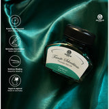 Deep Green fountain pen ink in a 30ml bottle, known for smooth flow, quick-drying, and low fraying for beautiful writing.