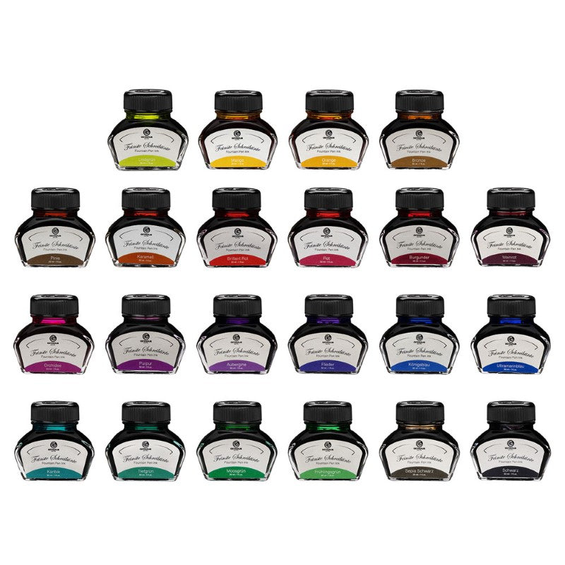 Deep green fountain pen ink in a 30ml bottle, perfect for smooth writing, fast drying, and artistic expression.