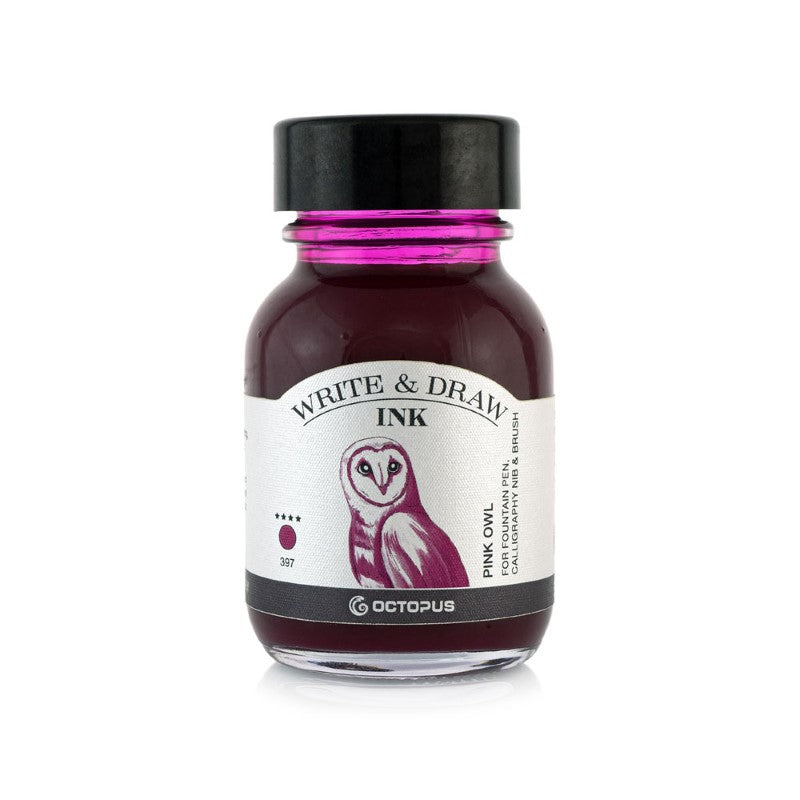 Vibrant 50ml Pink Owl ink from Octopus, perfect for fountain pens and calligraphy, smudge-proof and waterproof for artists.