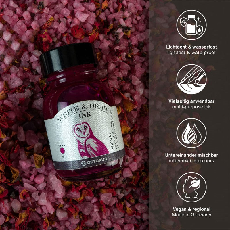 Vibrant 50ml Pink Owl ink by Octopus Fluids, perfect for fountain pens and calligraphy; smudge-proof and waterproof.