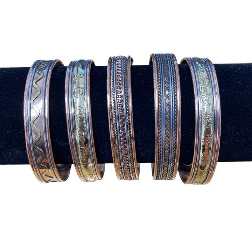 Copper cuff bracelet pack of 5, 10mm wide, featuring magnetic ends for style and arthritis relief, hand-made in India.