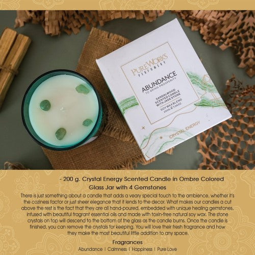 Abundance Sandalwood Energy Candle in ombre jar, infused with jade crystal for a soothing, harmonious ambiance.