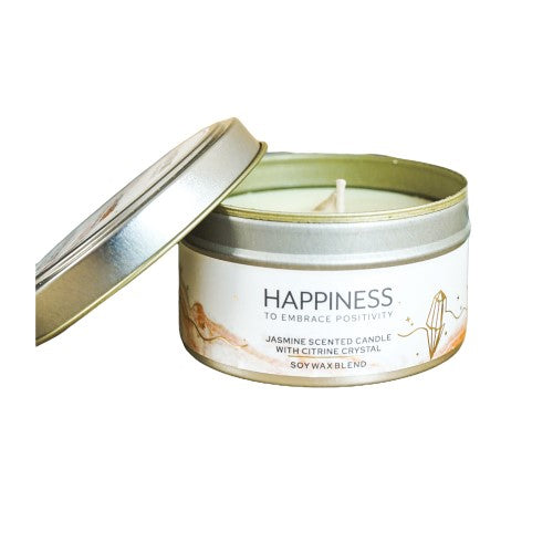 Happiness Jasmine candle in a metal tin with Citrine crystals, promoting positivity and a calming aroma, 10-hour burn time.