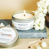 Happiness Jasmine Candle in a sealed tin with Citrine crystals, promoting positivity and calm with a 10-hour burn time.