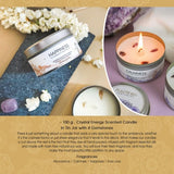 Happiness Jasmine candle in a metal tin with Citrine crystals for uplifting positivity and a calming aroma, burns for 10 hours.