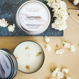 Happiness Jasmine Candle in metal tin with Citrine crystals, promoting positivity and calm, burns for 10 hours.