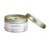 Calmness Lavender candle in a metal tin with Amethyst crystals, promoting serenity and lasting 10 hours.