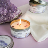 Calmness Lavender candle in a tin with Amethyst, promoting serenity and relaxation with a soothing lavender scent.