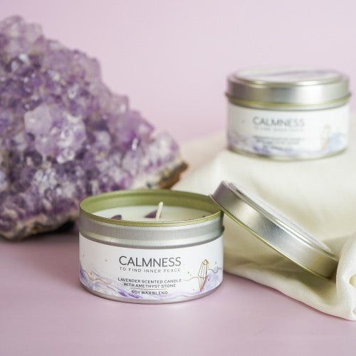 Calmness Lavender Energy Candle in metal tin with Amethyst, 80gm, offers soothing aroma and 10-hour burn time for relaxation.
