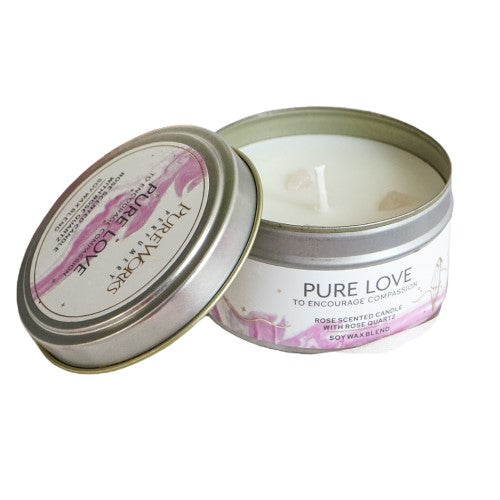Pure Love Rose Candle with Rose Quartz in a metal tin, 80g, promotes love and tranquility with a rose scent.
