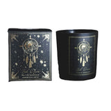 Boho Dreams Myrrh & Sandalwood Candle in black frosted jar; enhances mindfulness with rich scents and shaped gemstone chips.